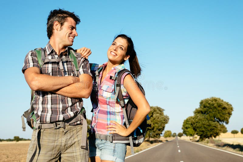 Young couple on hiking travel royalty free stock photo