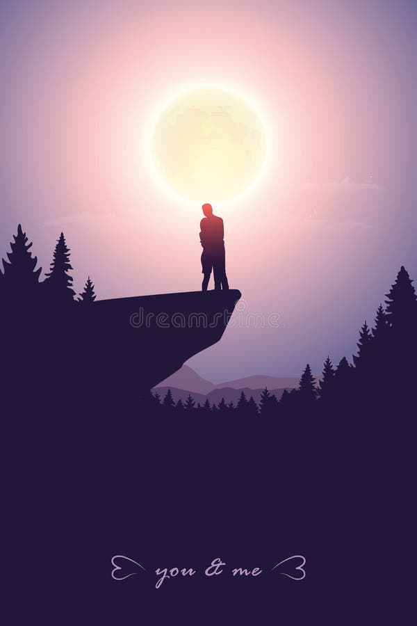 Young couple looks to the full moon mystic nature landscape vector illustration Young couple looks to the full moon mystic nature landscape vector illustration