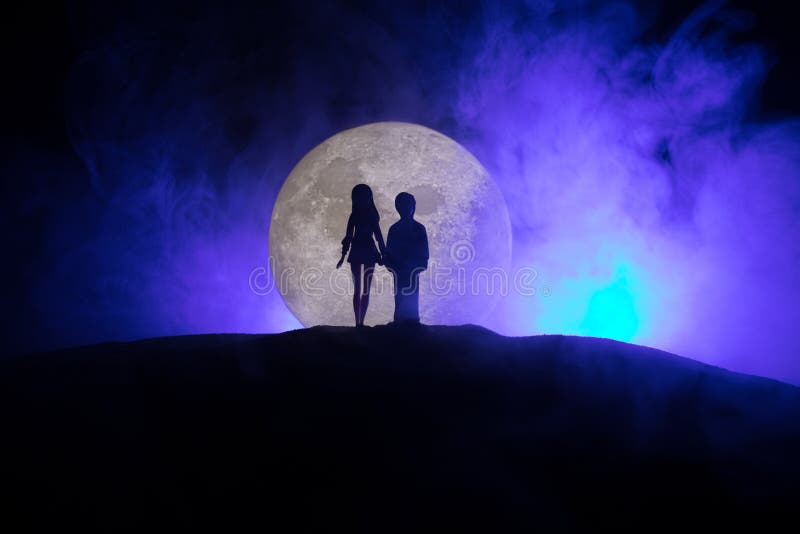 Young Couple in Love at Beautiful Moon of Night Stock Image - Image of  background, nature: 178046721