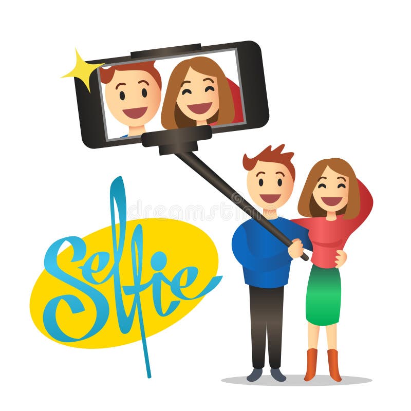 Young Couple Making Self Portrait Using Selfie Stick. Vector. Stock