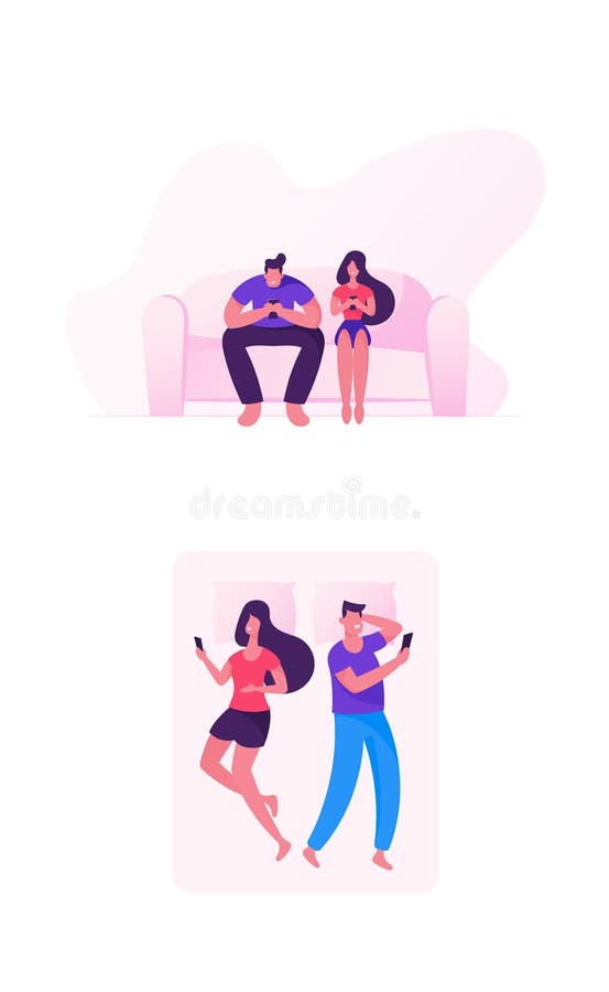 Young Couple Man and Woman Lying Apart in Bed, Sitting on Couch with Smartphones for Social Networking Reading News vector illustratie Young Couple Man and Woman Lying Apart in Bed, Sitting on Couch with Smartphones for Social Networking Reading News vector illustratie