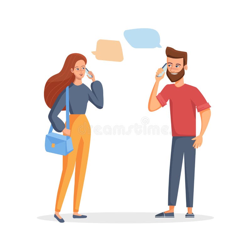 Young couple man and woman talking on the phone. Vector illustration in a flat style.