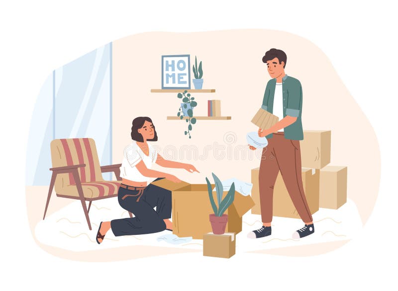 Young couple moving to a new house or apartment. Man and woman packing their stuff in cardboard boxes. Family preparing for relocation to another dwelling. Vector illustration in flat cartoon style