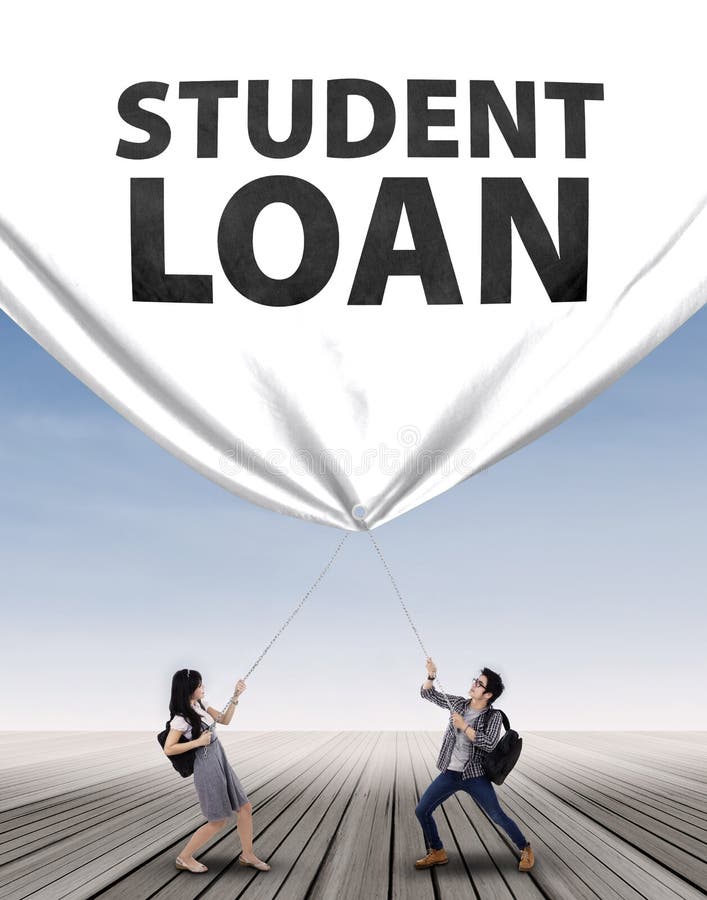 Young couple pulling student loan banner