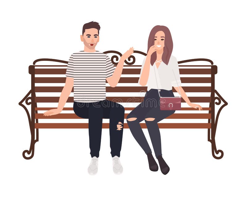 Young couple sitting together on street bench and talking. Happy man and woman in love isolated on white background. Boy