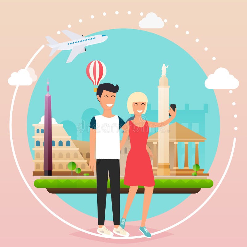 Young Couple Taking a Selfie on a Vacation. Cartoon Man and Woman ...