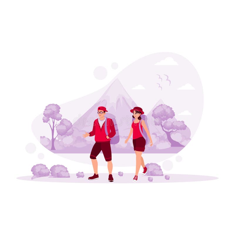 A young couple of travelers with backpacks on their backs climbs a mountain along a steep path. Family Travel and Adventure. vector illustration