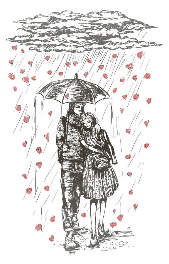Young Couple Under Umbrella in the Rain Stock Vector Illustration of
