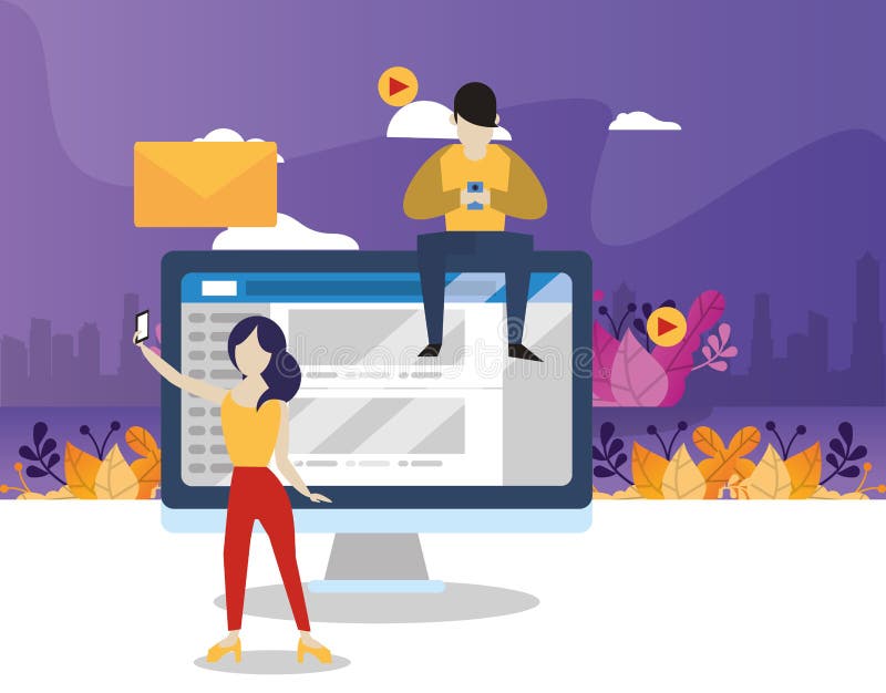 Young couple using device with social media app stock illustration