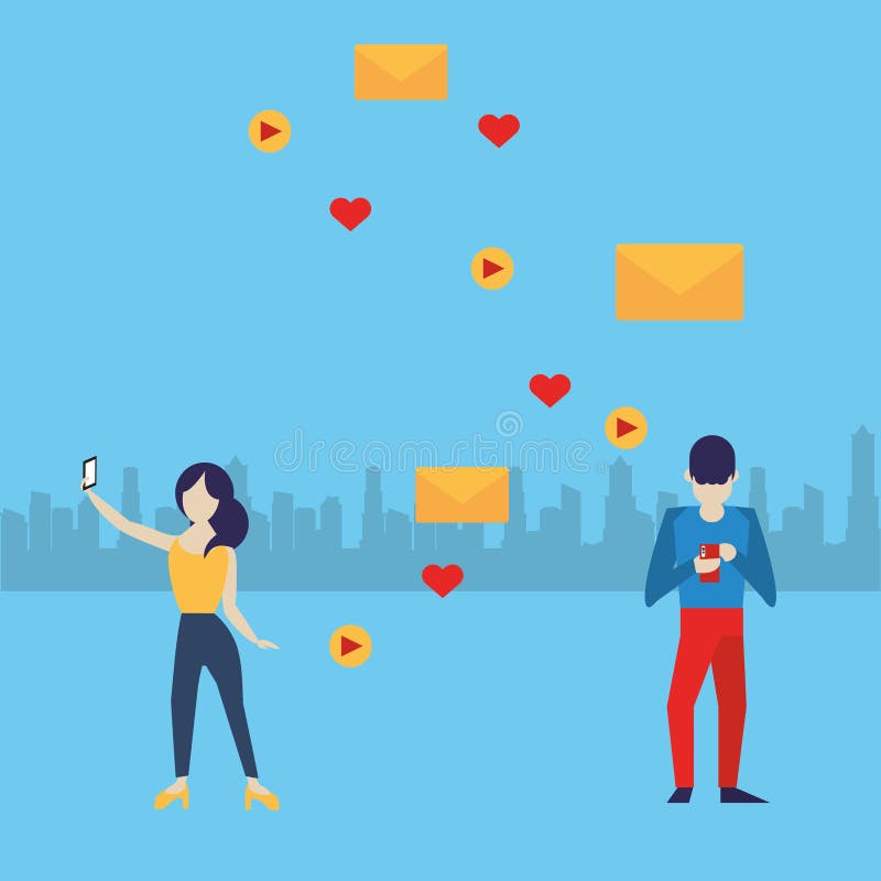 Young couple using device with social media app vector illustration