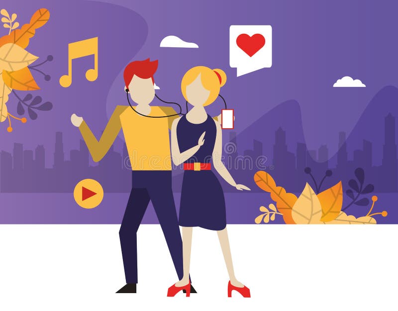 Young couple using device with social media app vector illustration