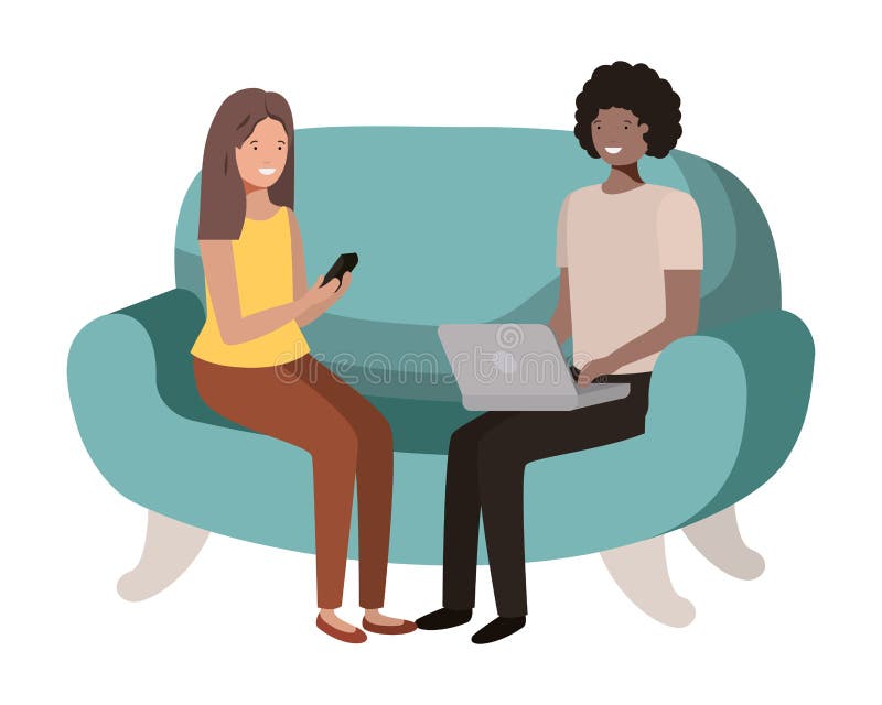 Young couple using laptop in the sofa avatar character stock illustration