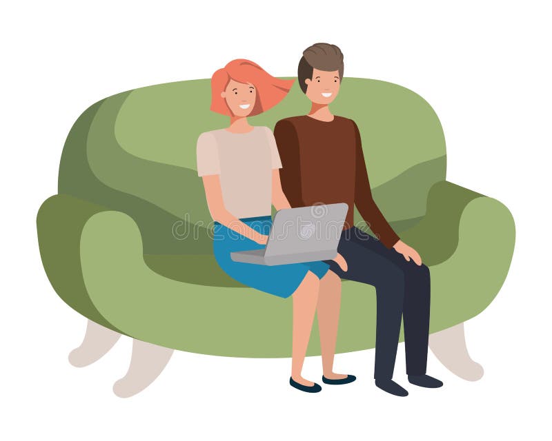 Young couple using laptop in the sofa avatar character stock illustration