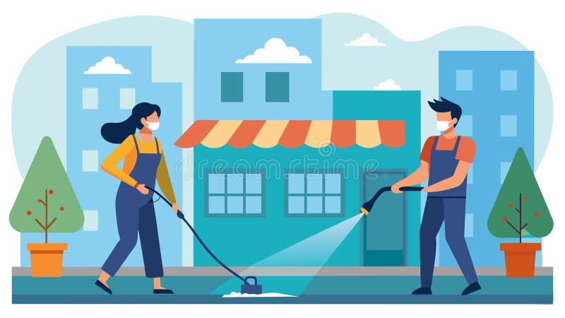 A young couple using a pressure washer to clean the sidewalks and storefronts along the main street of their stock illustration