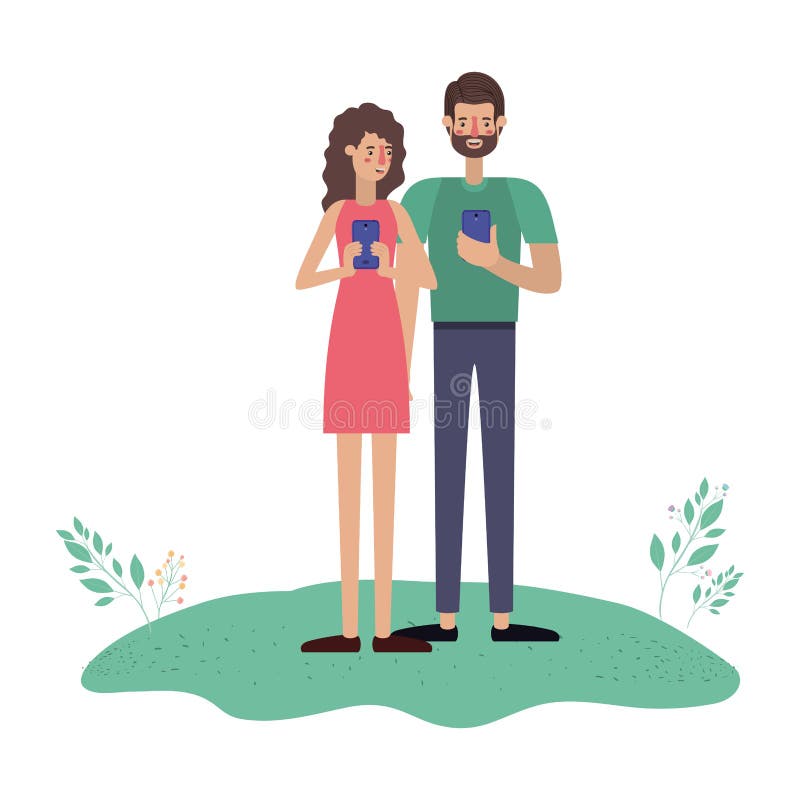 Young couple using smartphone in grass royalty free illustration