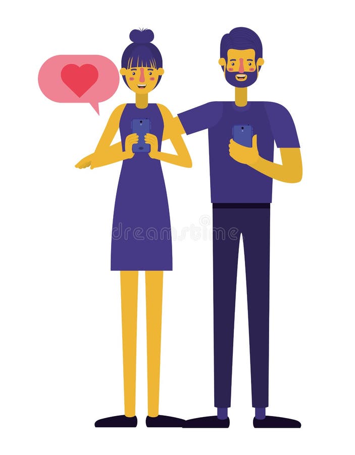 Young couple using smartphone with love message stock illustration