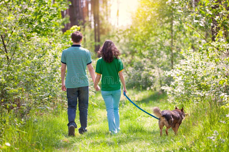 Young couple walking with dog in the forest royalty free stock photography Young couple walking with dog in the forest royalty free stock photography