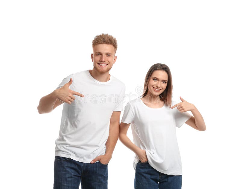 Young couple wearing blank t-shirts  on white. Mockup for design