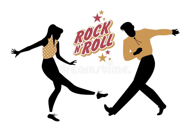 Young couple wearing 50`s clothes dancing rock and roll. Vector Illustration