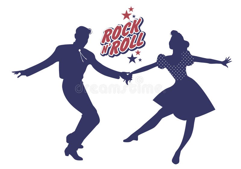 Young couple wearing 50`s clothes dancing rock and roll. Vector Illustration