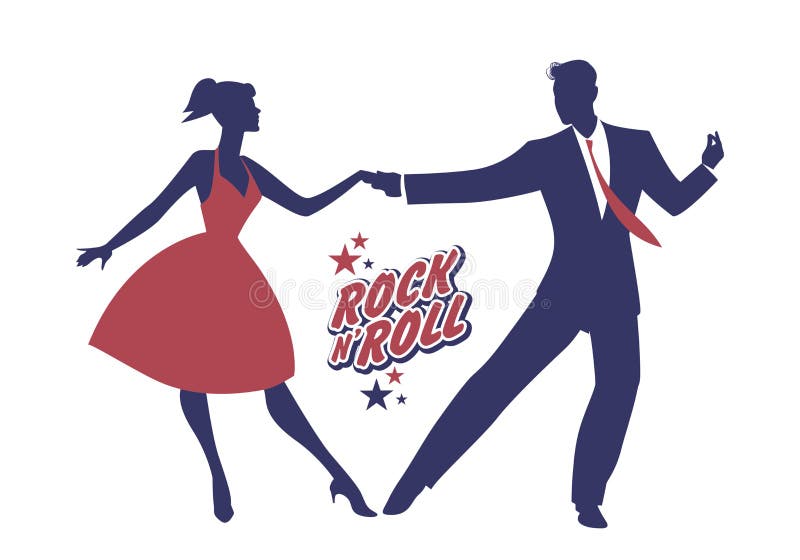 Young couple wearing 50`s clothes dancing rock and roll. Vector Illustration