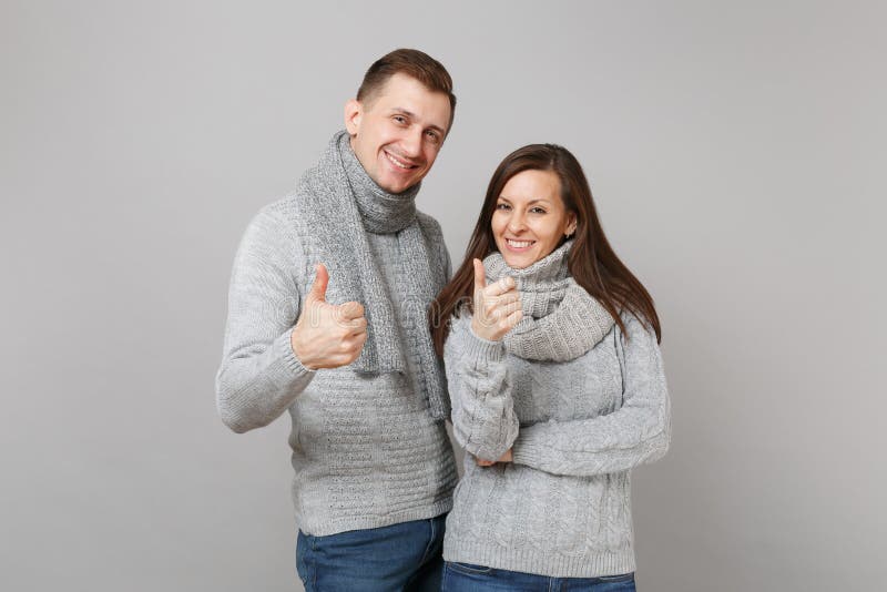 Young Cute Couple Girl Guy in Gray Sweaters, Scarves Together Isolated ...