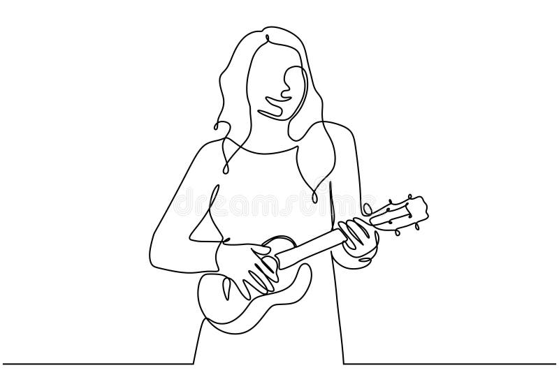 Young cute girl playing ukulele string music instrument. Continuous one line drawing minimalism vector illustration. Beauty woman