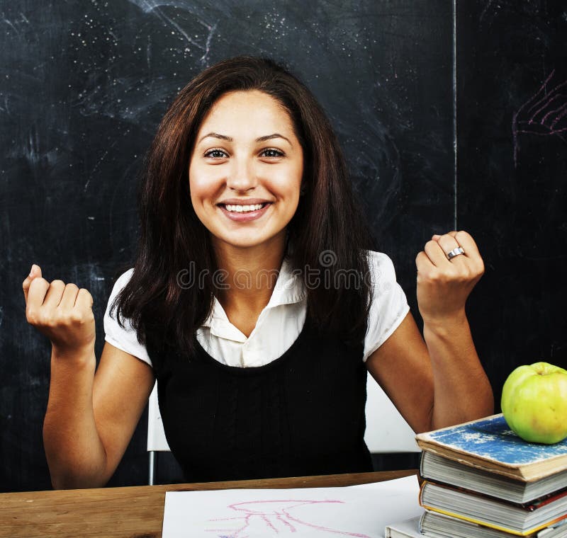 Young Cute Tanned Teenage Girl Happy Pointing Thinking Education