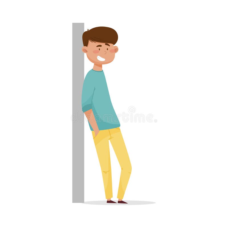 Young Dark-haired Man Leaning Against the Wall and Smiling Vector Illustrat...