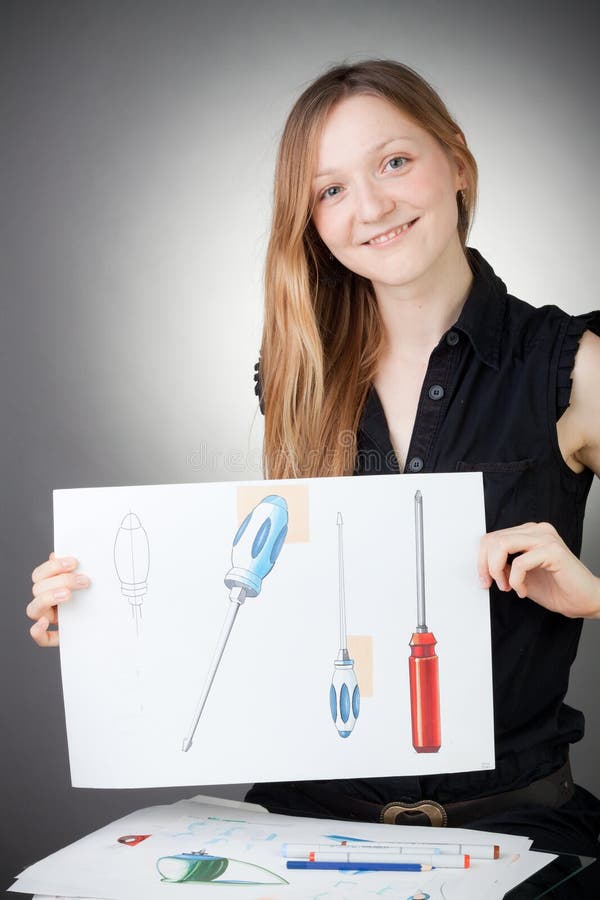 Young Design Engineer Woman Shows a Design Plan