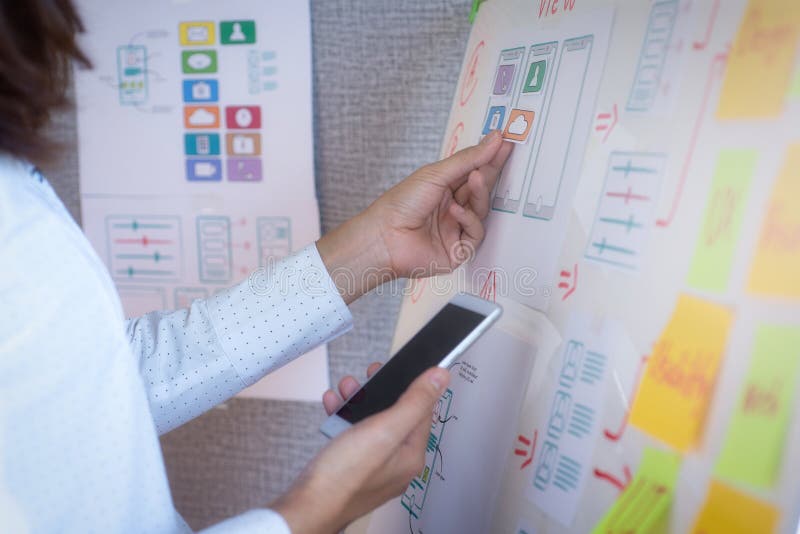 Young designer planning for application developing in office. User experience Design concept royalty free stock images