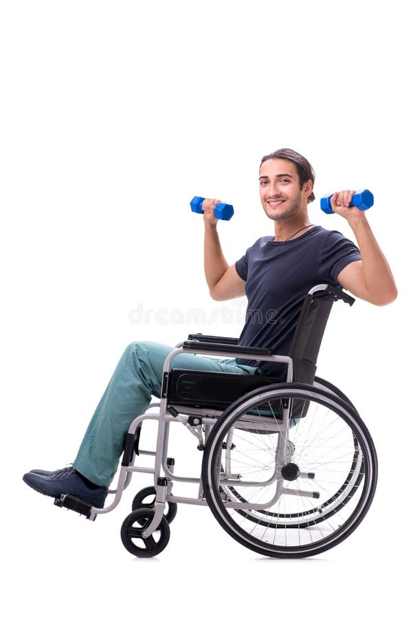 Young Disabled Man Doing Physical Exercises Isolated on White Stock