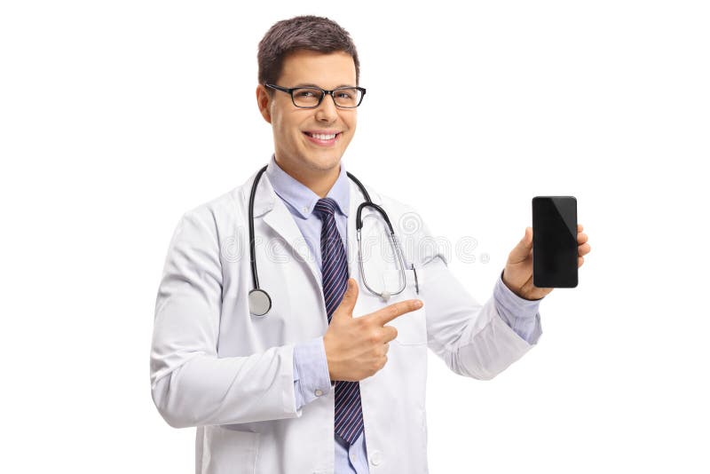 Young doctor showing a phone and pointing