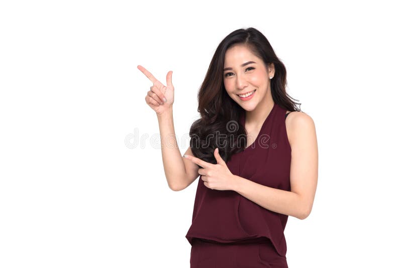 Young elegant Asian woman smiling and pointing to empty copy space isolated stock photos Young elegant Asian woman smiling and pointing to empty copy space isolated stock photos