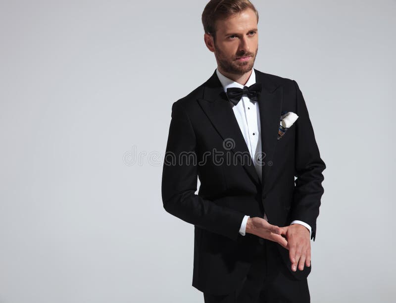 Young Elegant Man In Tuxedo Holding Palms Together Stock Image - Image ...