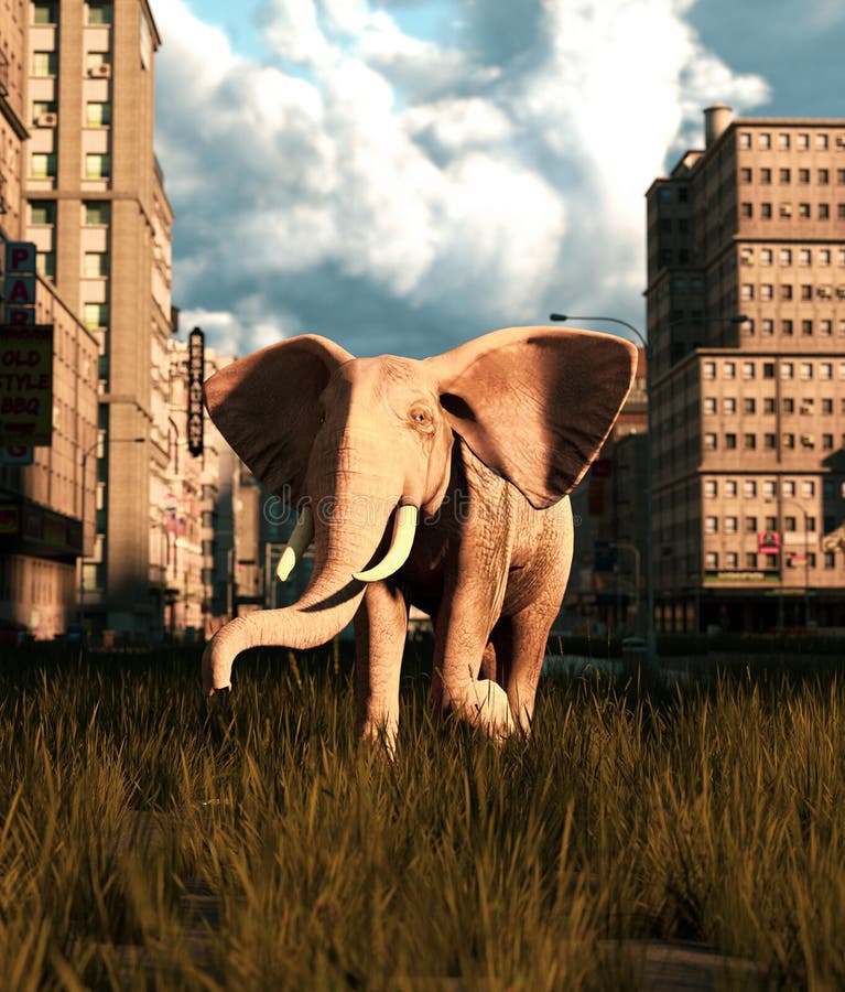 Young elephant walking on the street of the abandoned city stock illustration