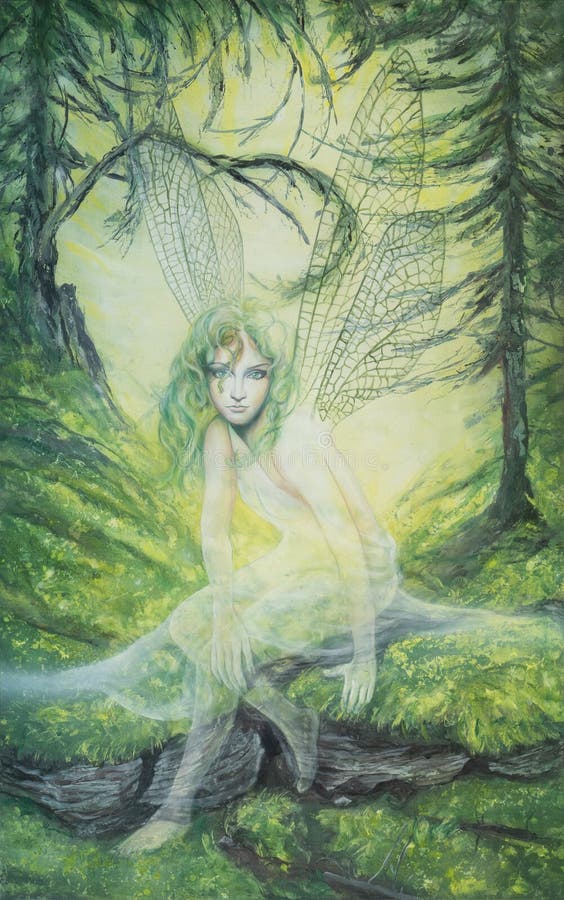 Young elf fairy with green hair and dragonfly wings in a green forest