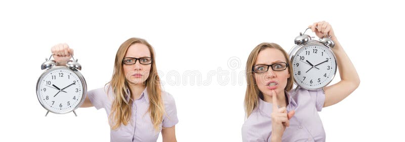 Young employee holding alarm clock isolated on white royalty free stock photography Young employee holding alarm clock isolated on white royalty free stock photography