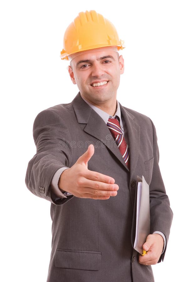 Young engineer offering handshake royalty free stock photo