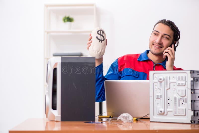 Young engineer repairing musical hi-fi system stock photo