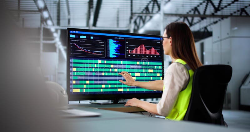 Young engineer using computer to manage production line at factory stock photography
