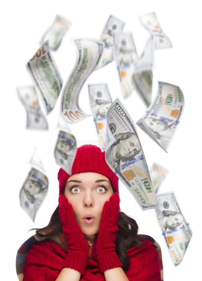 Young Excited Woman with $100 Bills Falling Around Her stock photo Young Excited Woman with $100 Bills Falling Around Her stock photo