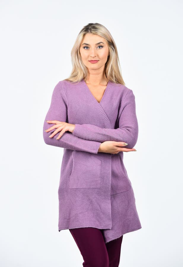 Young Expertise. Pretty Woman with Long Blonde Hair. Girl Wear Purple  Cardigan. Beauty and Fashion Concept. Beauty Stock Image - Image of look,  industry: 185134289