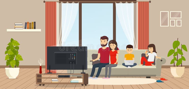 Young family at home sitting on couch, watching TV, child working on laptop, daughter eating ice cream. Modern interior room with panoramic windows.