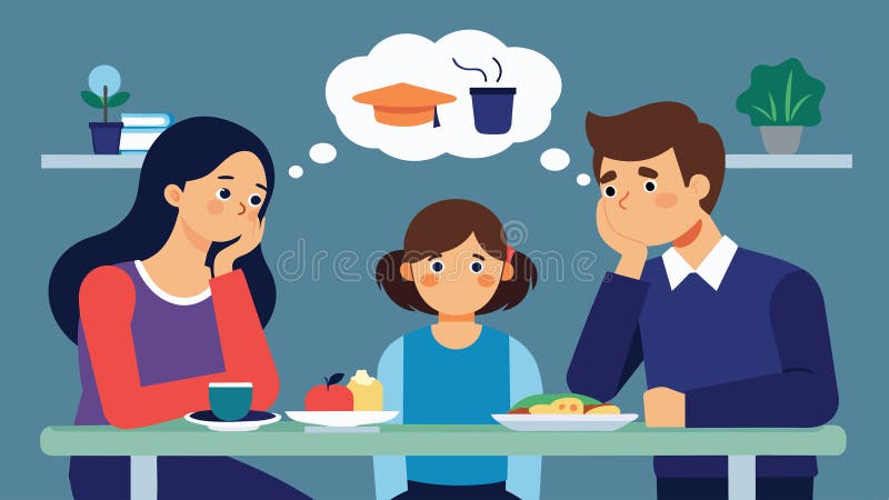 A young family sitting around a dinner table happily discussing their future plans but the mood changes when the topic stock illustration