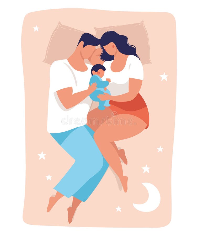 The Family Sleeps in Bed. Cartoon Mom, Dad and Babies Stock Vector ...