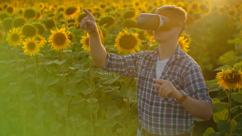 The young farmer is working in VR glasses