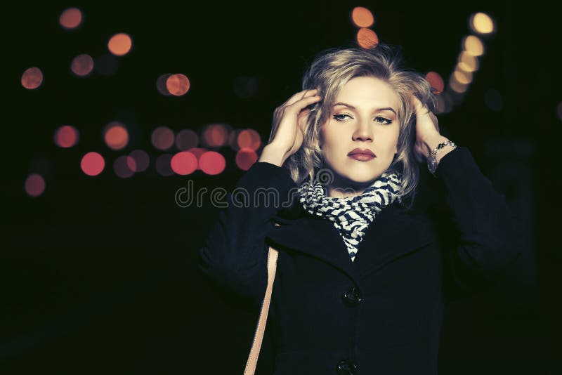 Young Fashion Woman Walking in a Night City Street Stock Image - Image ...