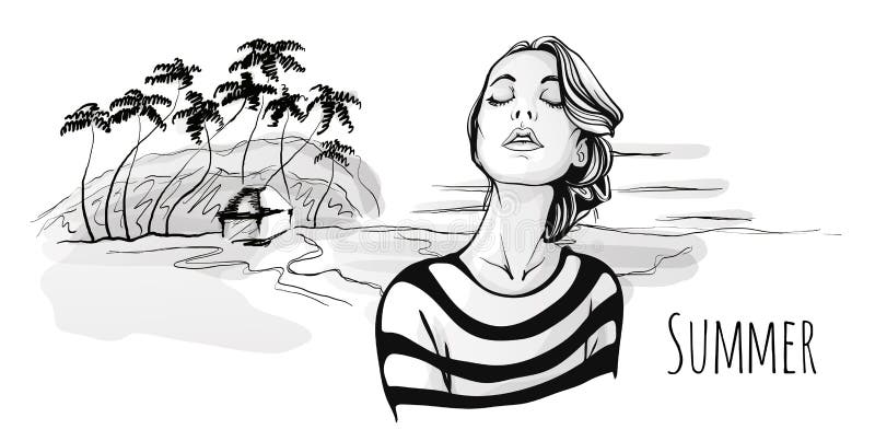 Young fashionable girl walking on tropical beach with palm trees. Vector hand-drawn portrait sketch illustration, black