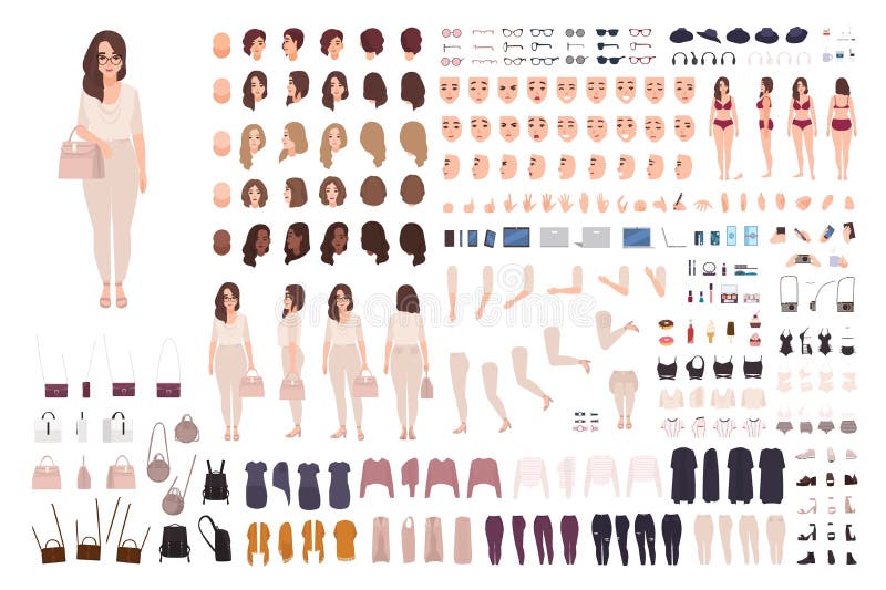 Young fashionable woman creation kit or DIY set. Bundle of body parts, gestures, clothes. Trendy street style outfit stock illustration Young fashionable woman creation kit or DIY set. Bundle of body parts, gestures, clothes. Trendy street style outfit stock illustration